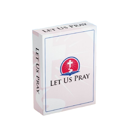 white rectangular box with "Let Us Pray" text and a cross logo on front and sides